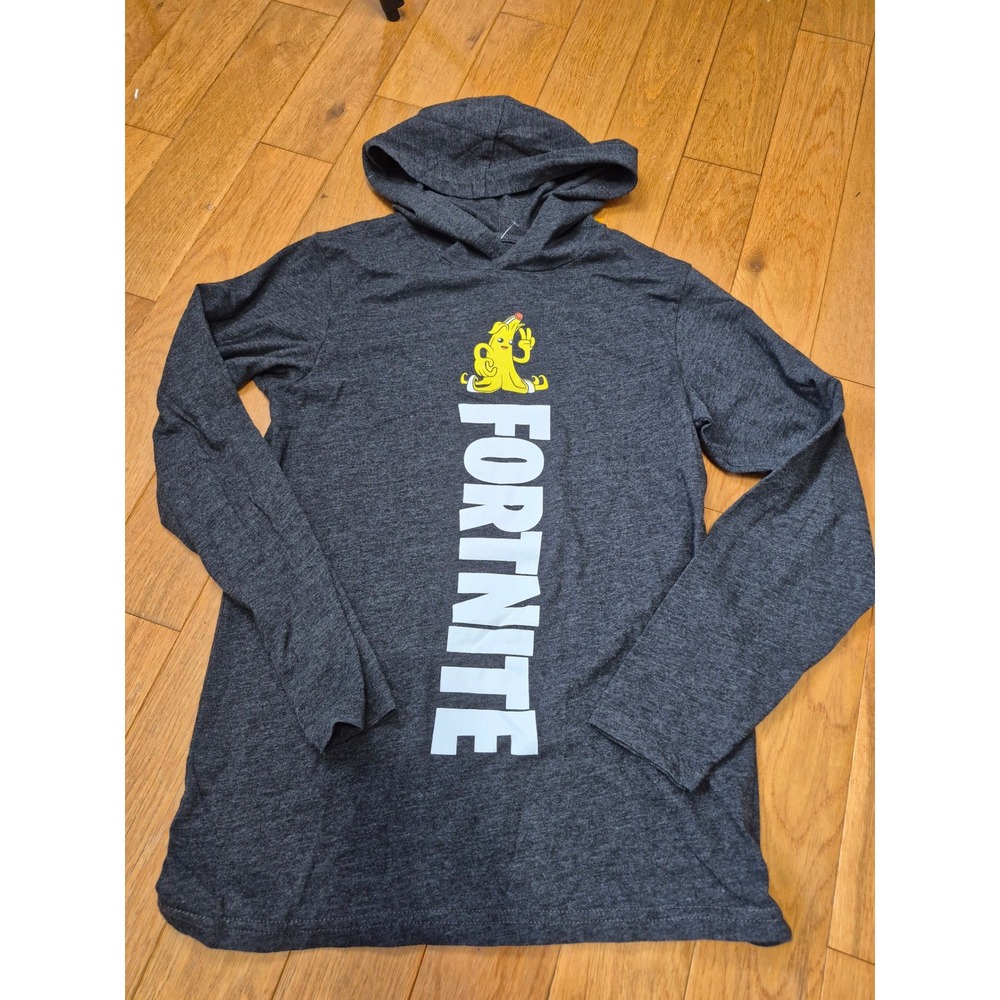 Fortnite Peely Hooded Graphic Tee Charcoal Gray Kids Large L Gaming Long Sleeve